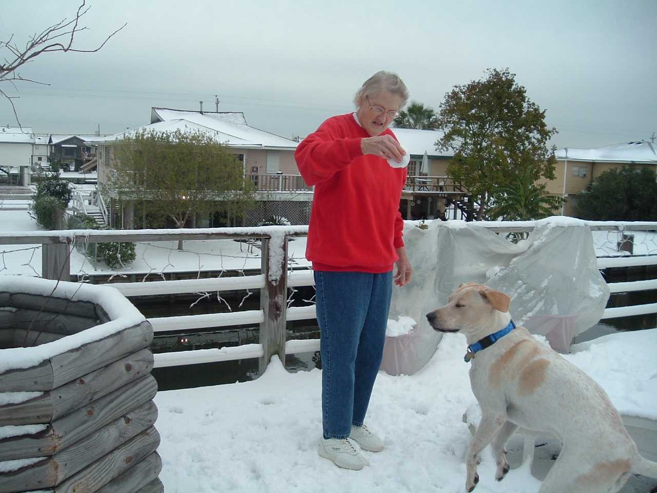 Baxter catching a snowball from Gran, who was visiting from Pensacola.