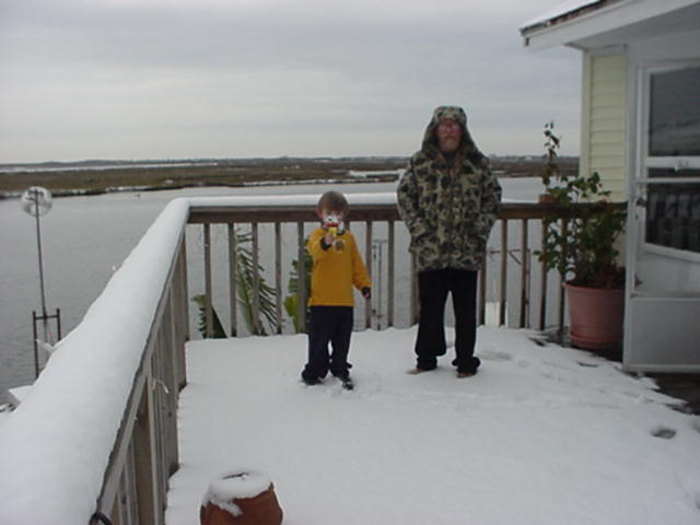 Cole & Mark Johnstone on the snowy deck on Tarpon.