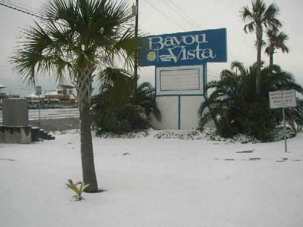 Bayou Vista sign in snow on Christmas day.