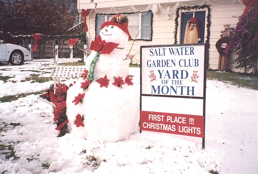 Sally Cowan at 597 Warsaw, was picked for SWGC 1st place decorated home. Sally built this "Ms" Snowlady. 